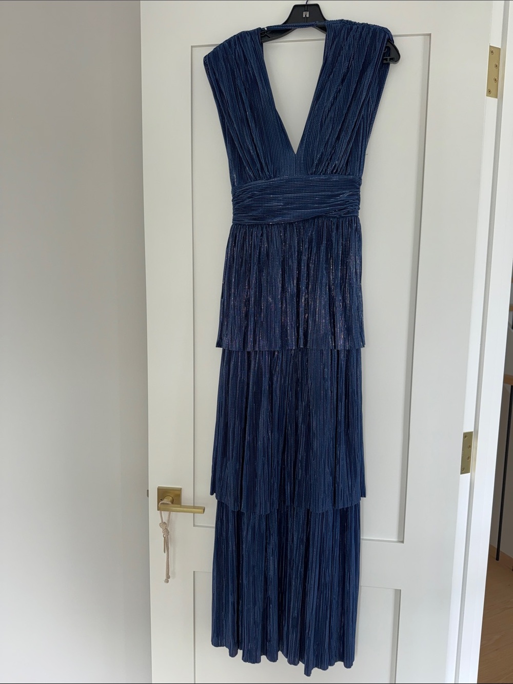 Sabina Musayev Navy Plisse Tiered V-Neck Maxi Dress